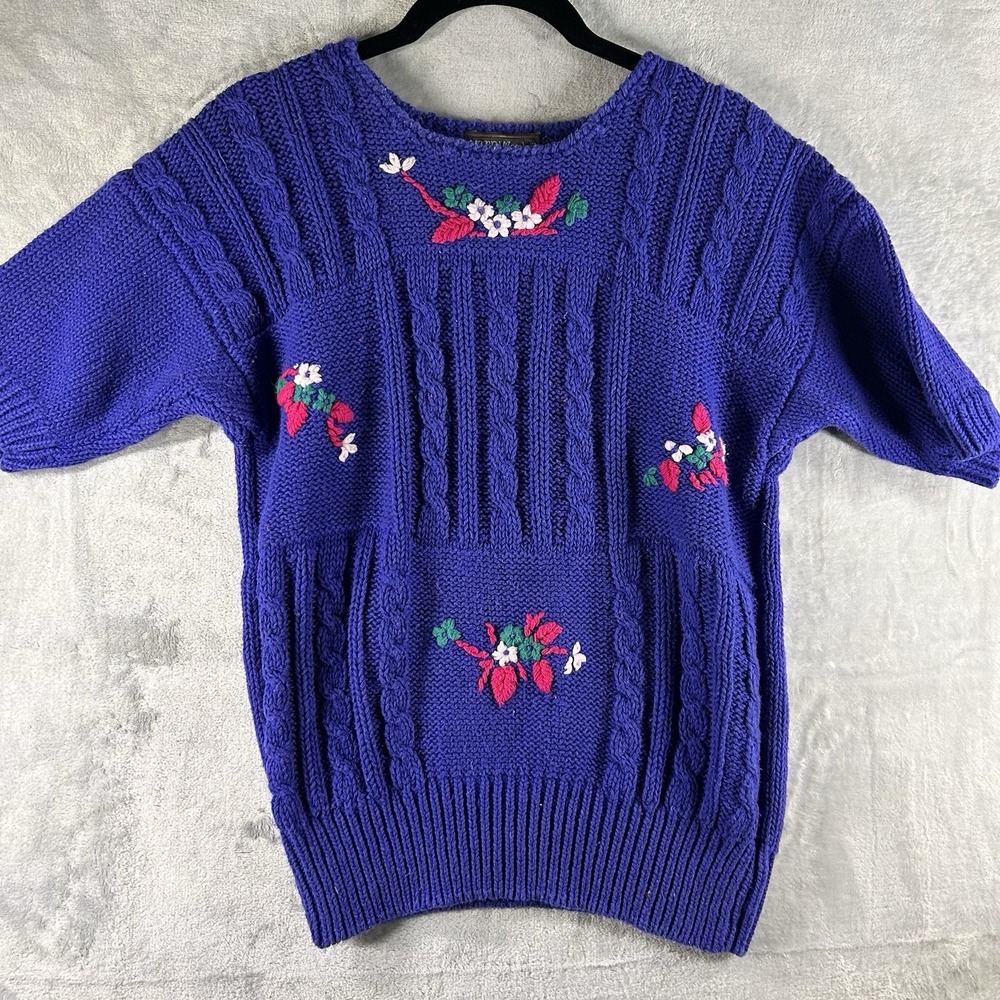 Cottagecore Cable Knit Sweater Embroidered Floral Cobalt Blue Vintage Size M‎